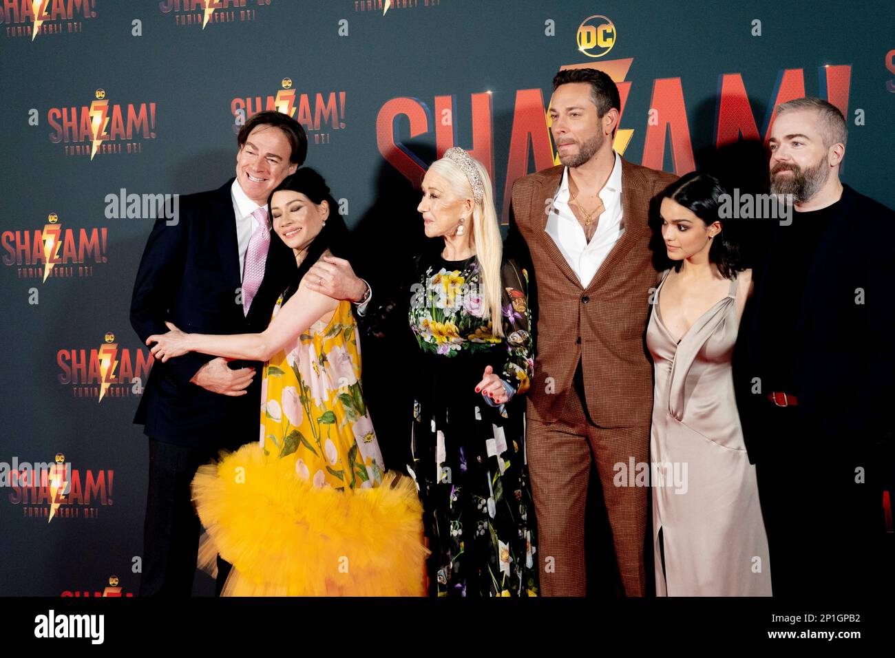 Roma, Italia, 03th marzo 2023, Zachary Levi, Lucy Liu, Rachel Zegler e Helen Mirren partecipano alla prima di Shazam! Furia degli dei allo Space Cine Foto Stock