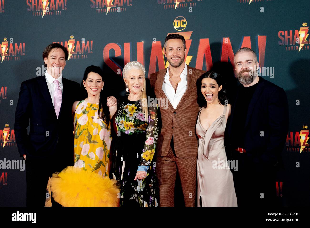 Roma, Italia, 03th marzo 2023, Zachary Levi, Lucy Liu, Rachel Zegler e Helen Mirren partecipano alla prima di Shazam! Furia degli dei allo Space Cine Foto Stock