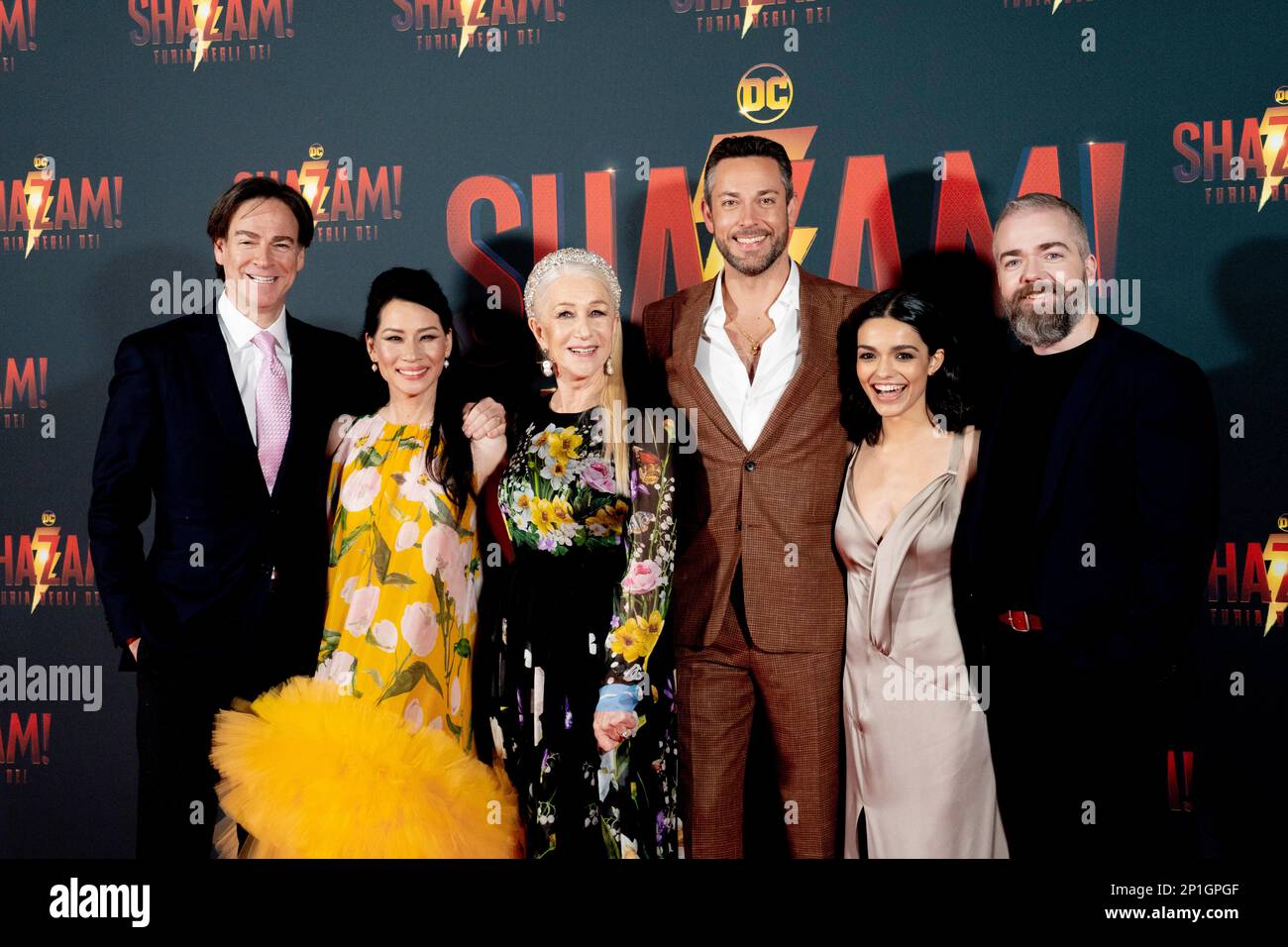 Roma, Italia, 03th marzo 2023, Zachary Levi, Lucy Liu, Rachel Zegler e Helen Mirren partecipano alla prima di Shazam! Furia degli dei allo Space Cine Foto Stock