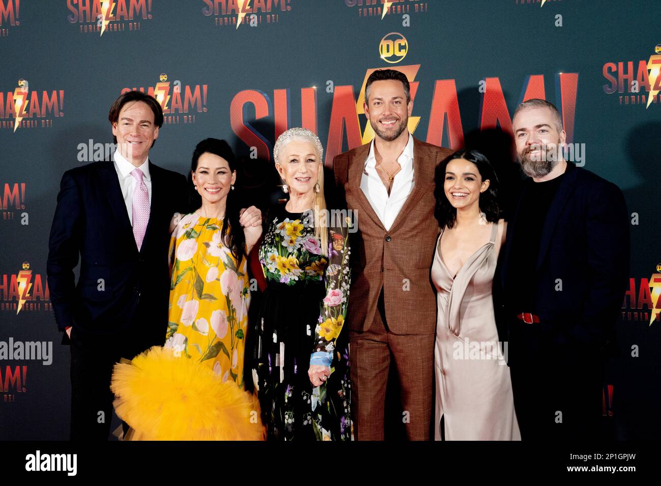 Roma, Italia, 03th marzo 2023, Zachary Levi, Lucy Liu, Rachel Zegler e Helen Mirren partecipano alla prima di Shazam! Furia degli dei allo Space Cine Foto Stock