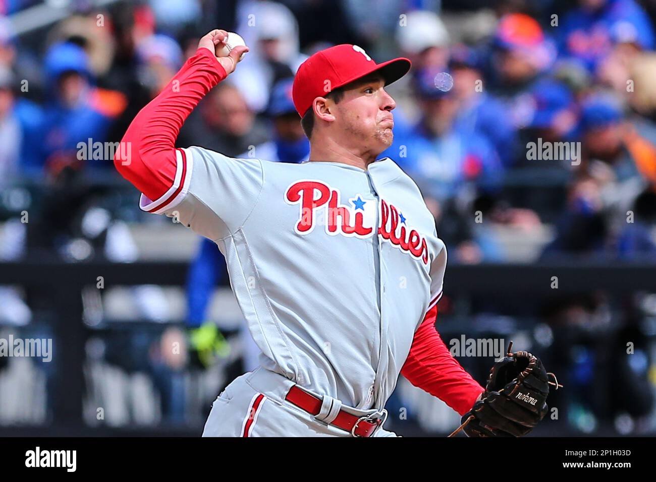 08 APR 2016: Philadelphia Phillies starting pitcher Jerad Eickhoff (48) during the opening day game between the New York Mets and the Philadelphia Phillies played at Citi Field in Flushing,NY.(Photo by Rich Graessle/Icon Sportswire) (Icon Sportswire via AP Images) Foto Stock