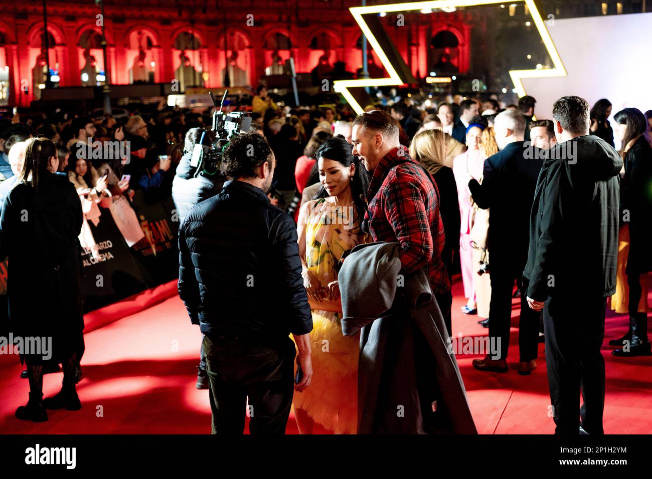 Roma, Italia, 03th marzo 2023, Zachary Levi, Lucy Liu, Rachel Zegler e Helen Mirren partecipano alla prima di Shazam! Furia degli dei allo Space Cine Foto Stock