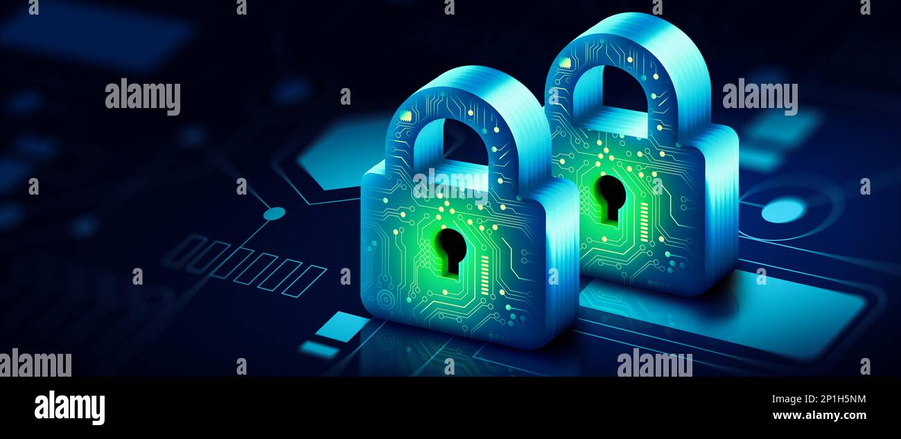 Lucchetto con Keyhole in sicurezza dei dati sul punto di convergenza del circuito. Privacy dei dati informatici e delle informazioni. Sicurezza tecnologica futura. Foto Stock