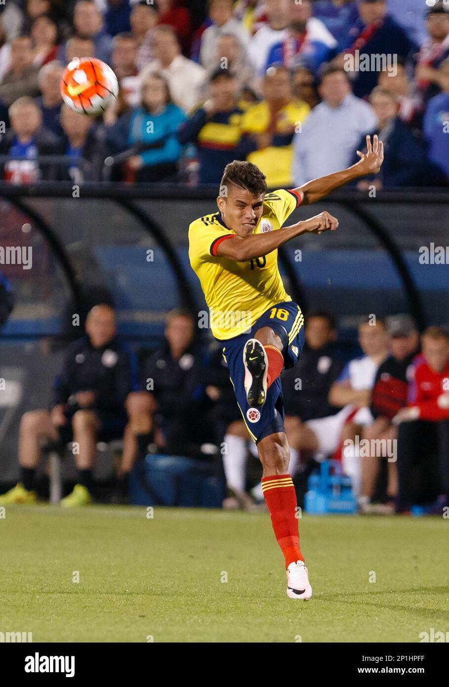 29 MAR 2016: Colombia Midfielder Andreas Roa (18) during the Olympic qualifying soccer match between the USA U-23 and Colombia national teams played at Toyota Stadium in Frisco, TX. Colombia advances with a 2-1 win over the USA. (Photo by Andrew Dieb/Icon Sportswire) (Icon Sportswire via AP Images) Foto Stock