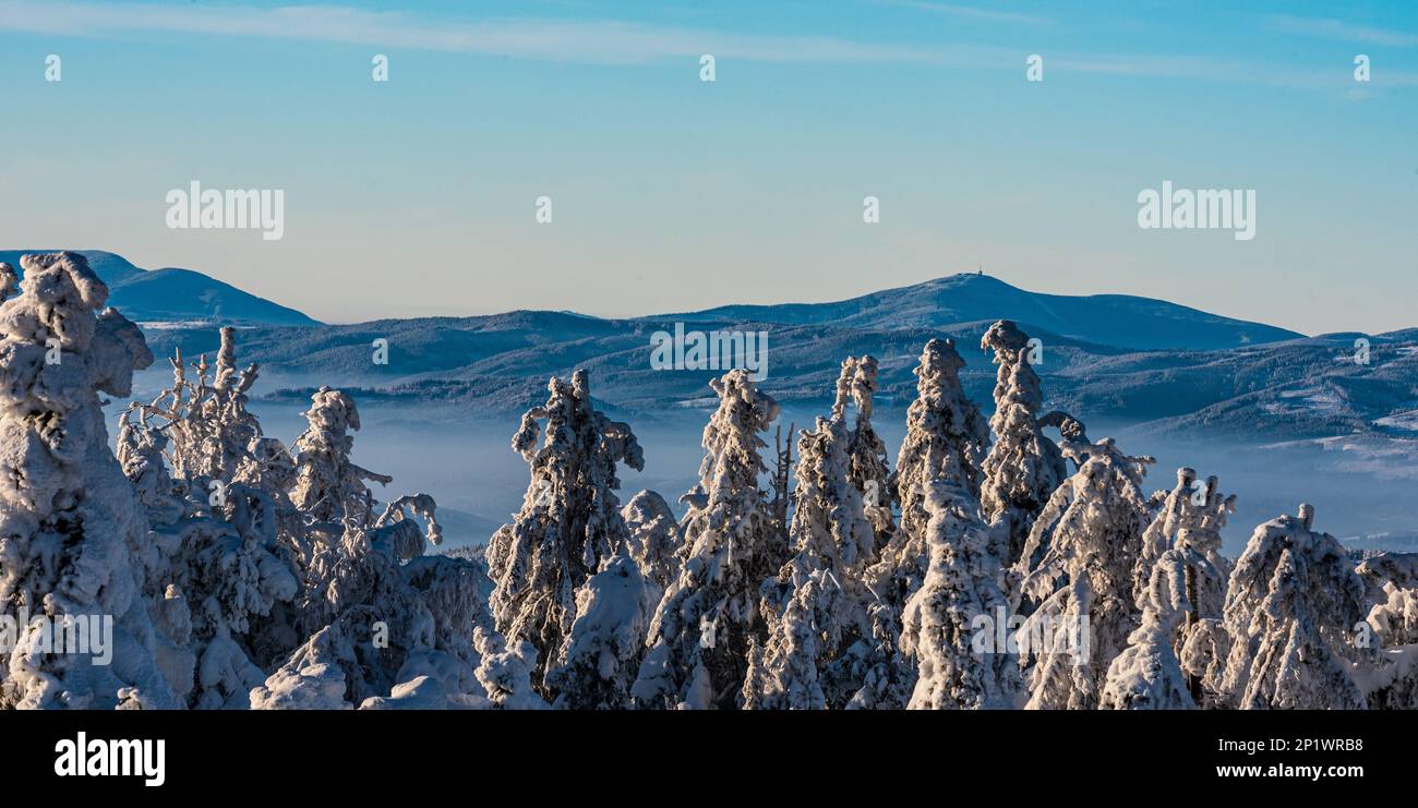 Collina di LysA hora in Moravskoslezske Beskydy montagne da Velka Raca collina in Kysucke Beskydy montagne durante la bella giornata invernale Foto Stock