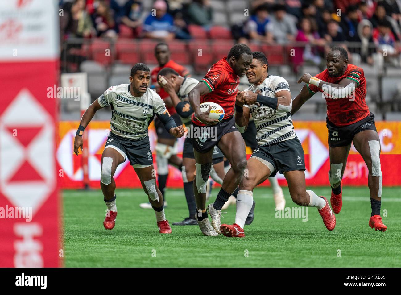 Vancouver, Canada. 3rd marzo, 2023. Billy Odhiambo # 5 del Kenya si chiude il Tackle durante il giorno 1 - HSBC Canada Sevens 2023 contro Fuji al BC Place a Vancouver, Canada. Credit: Joe ng/Alamy Live News. Foto Stock