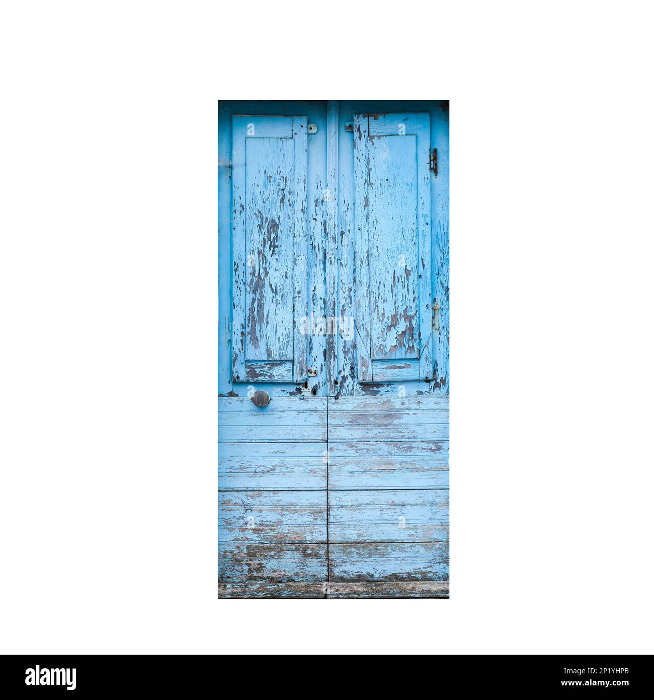 Vecchia porta di legno blu isolato su bianco, texture foto di sfondo Foto Stock
