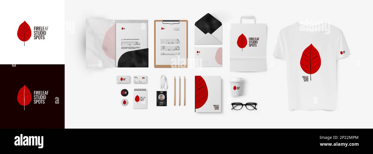 Modello di identità aziendale dell'azienda con un logo rosso in forma di foglia di albero. Design moderno e luminoso, elementi modificabili, file pronti per la stampa. Illustrazione Vettoriale