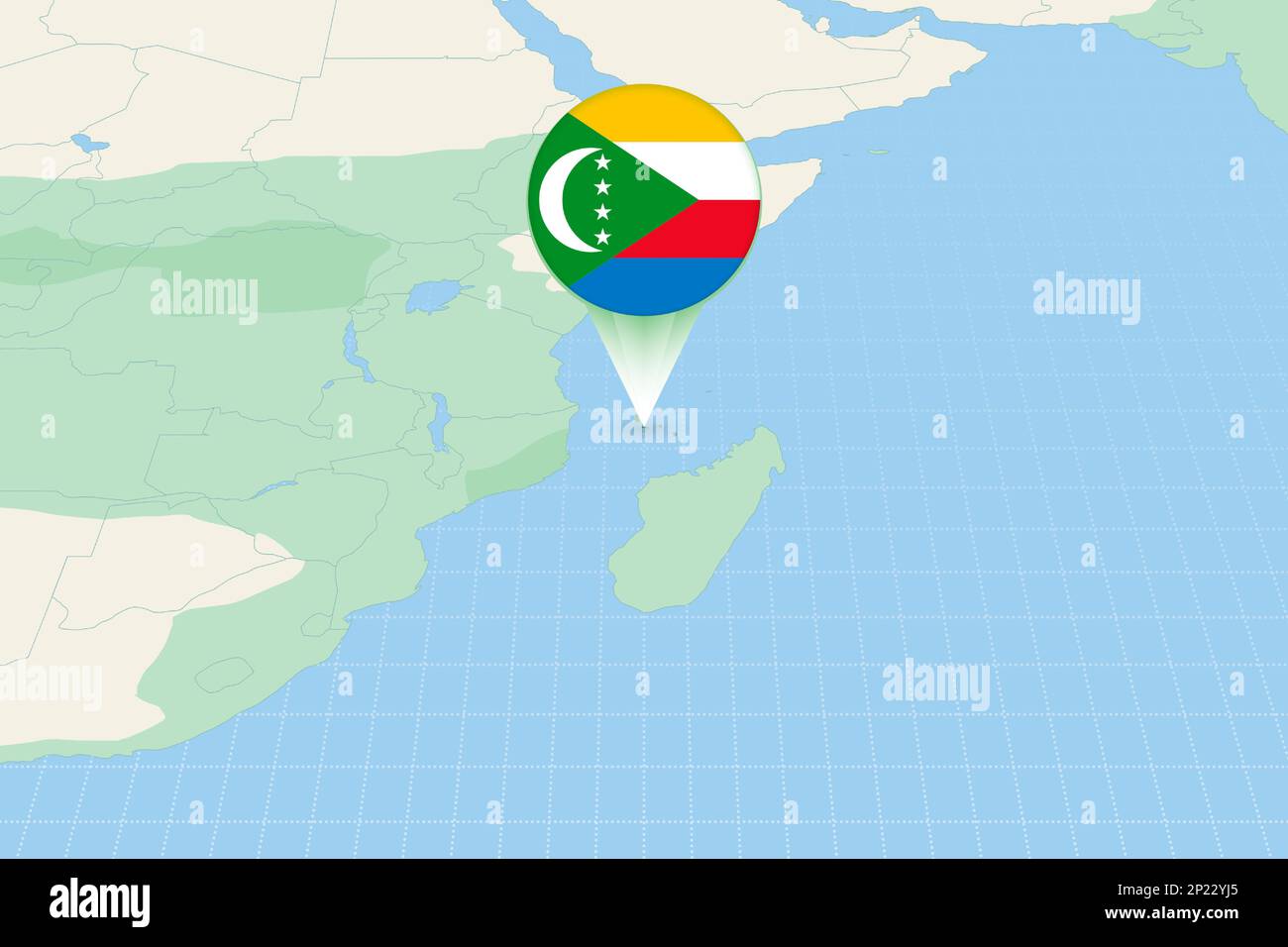 Illustrazione della mappa delle Comore con la bandiera. Illustrazione cartografica delle Comore e dei paesi vicini. Mappa vettoriale e flag. Illustrazione Vettoriale