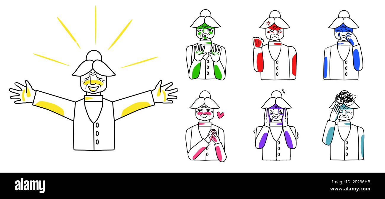 Set di emozioni di carattere della vecchia donna. Felicità, disgusto e rabbia, tristezza e amore, paura femminile più anziana e stress. Vettore di disegno della linea di stile di schizzo ill Illustrazione Vettoriale