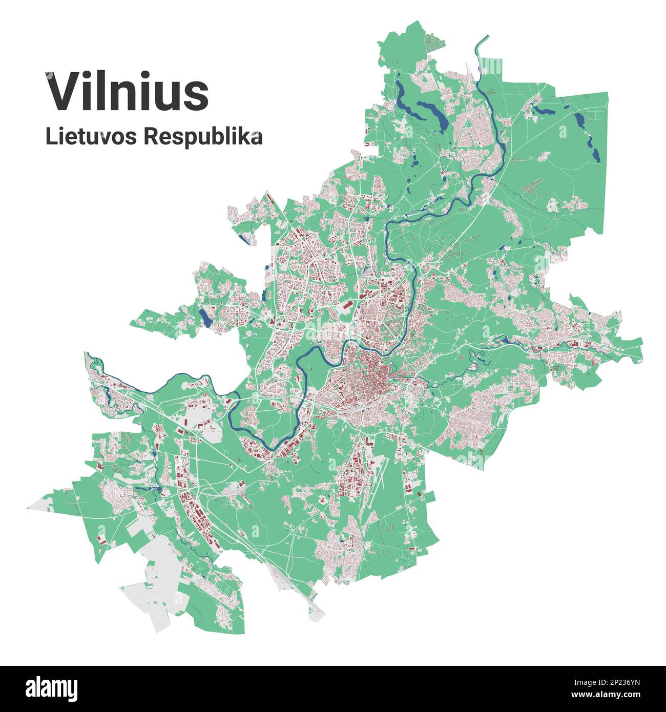 Mappa della città di Vilnius, mappa metropolitana dettagliata delle frontiere amministrative, Lituania. Fiume Neris, strade e ferrovie, edifici e parchi. Rapporto di illustrazione del vettore Illustrazione Vettoriale