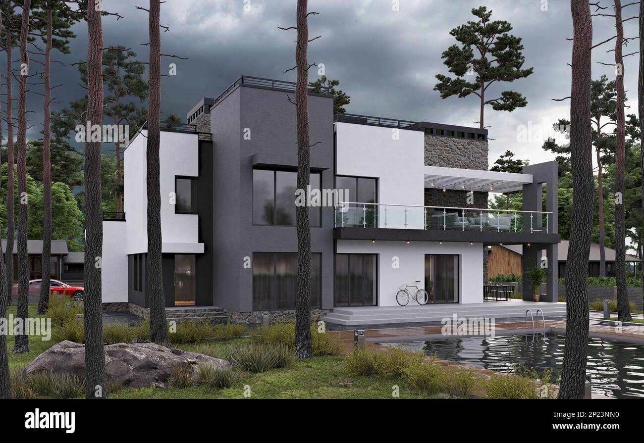 3d resa di una moderna casa privata nel bosco con piscina Foto Stock
