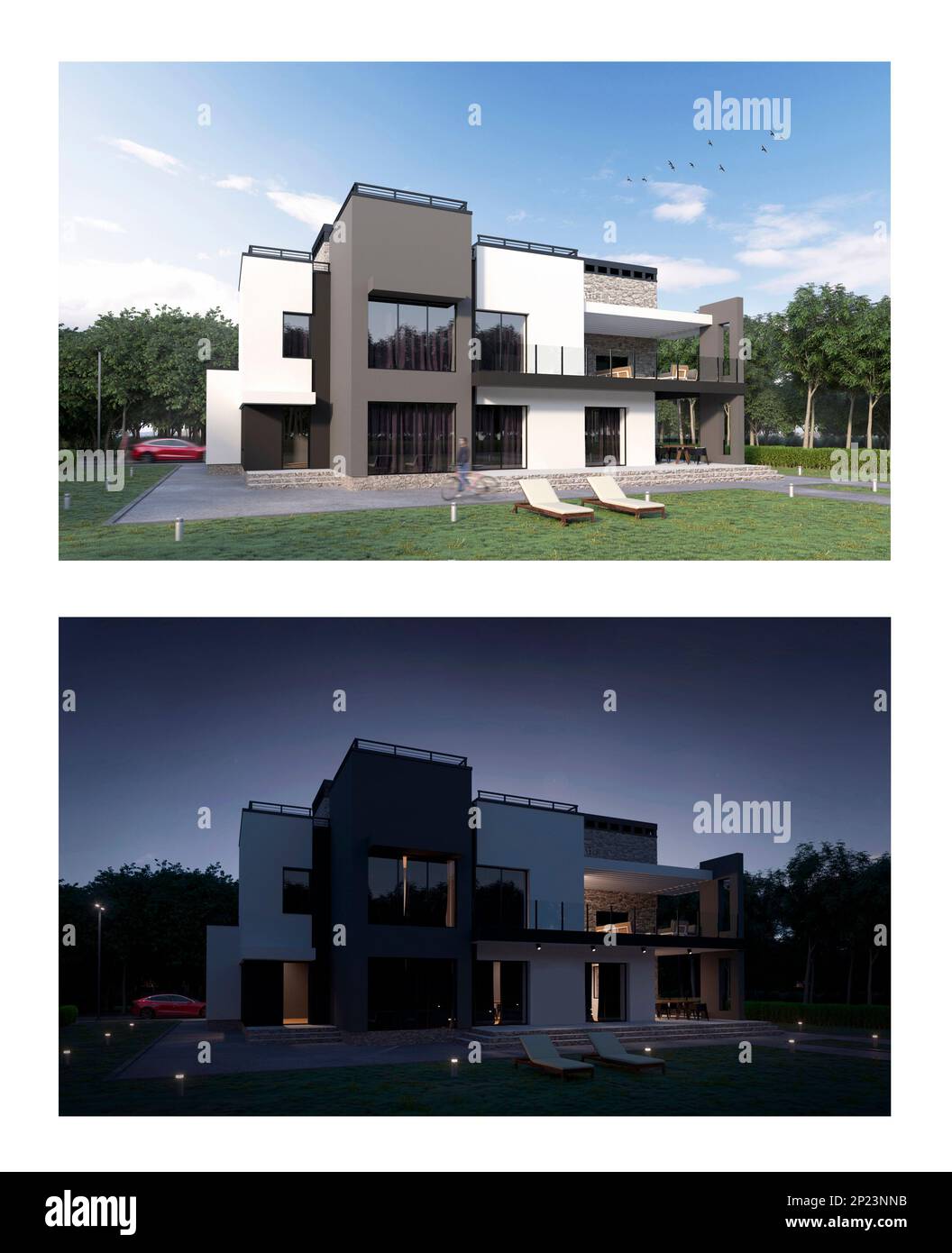 3d render di una moderna casa privata, facciata e vista cortile con lettini, terrazza, camino e cambio giorno e notte Foto Stock