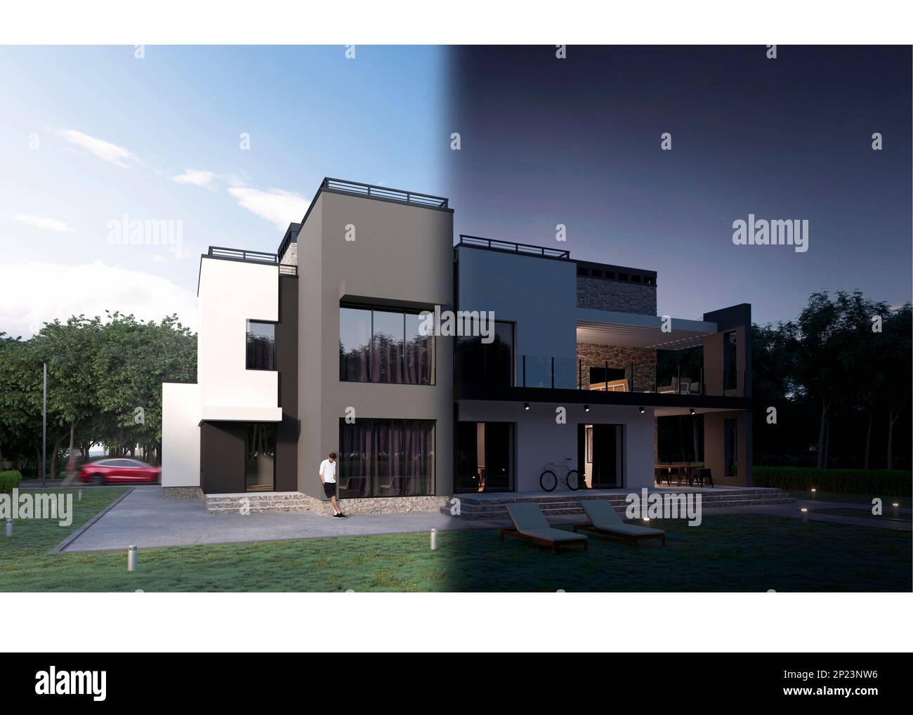3d render di una moderna casa privata, facciata e vista cortile con lettini, terrazza, camino e cambio giorno e notte Foto Stock