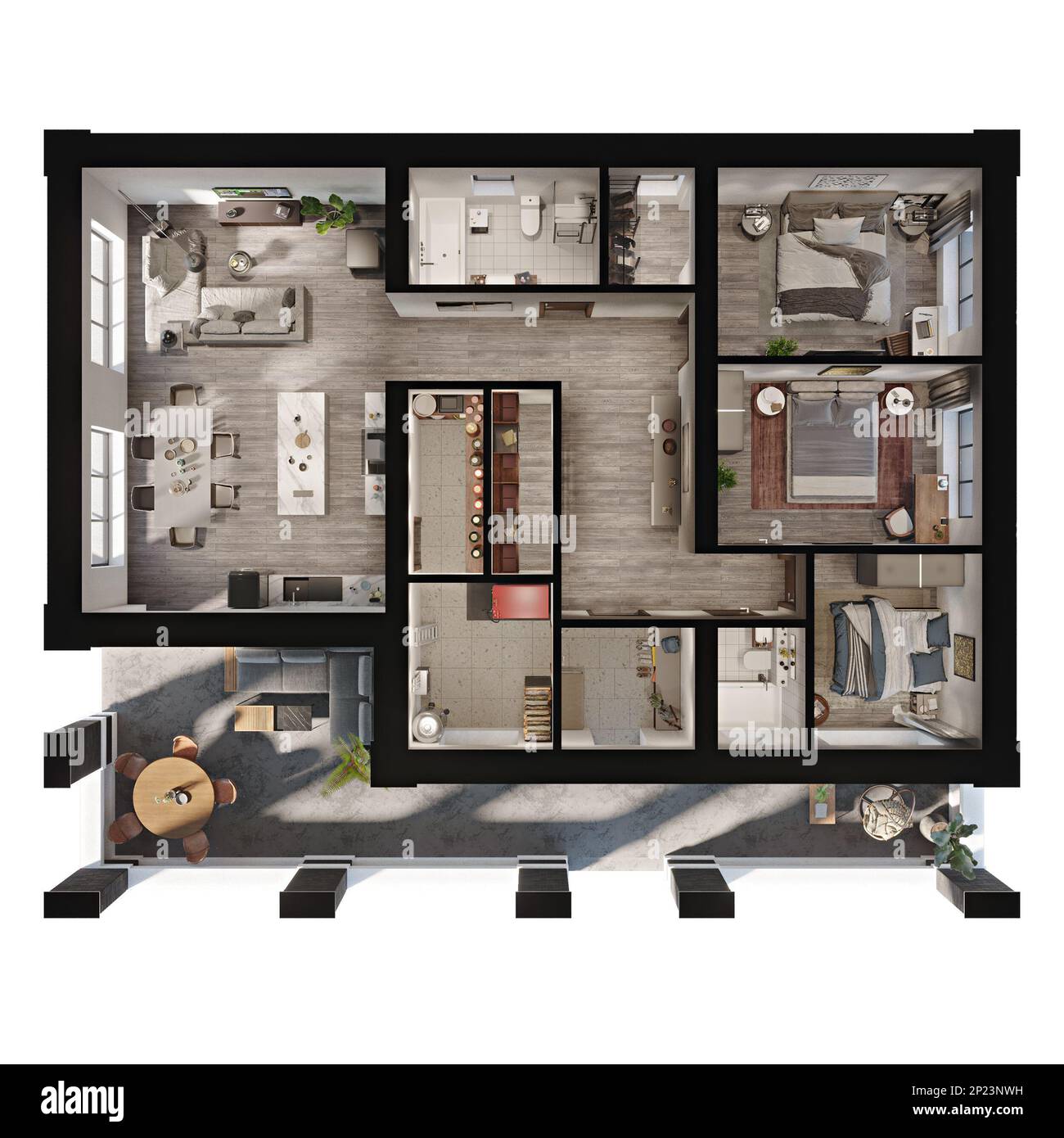 3d render piano e disposizione di un moderno appartamento / casa privata con terrazza Foto Stock