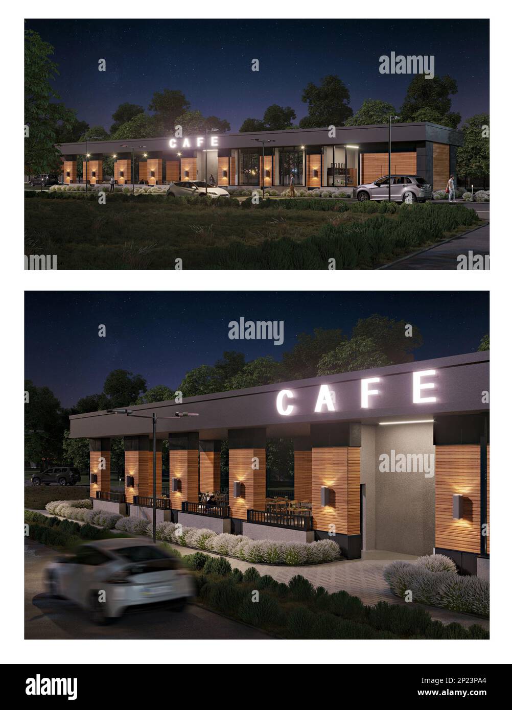 3d rendering di un moderno caffè di strada illuminato di notte Foto Stock