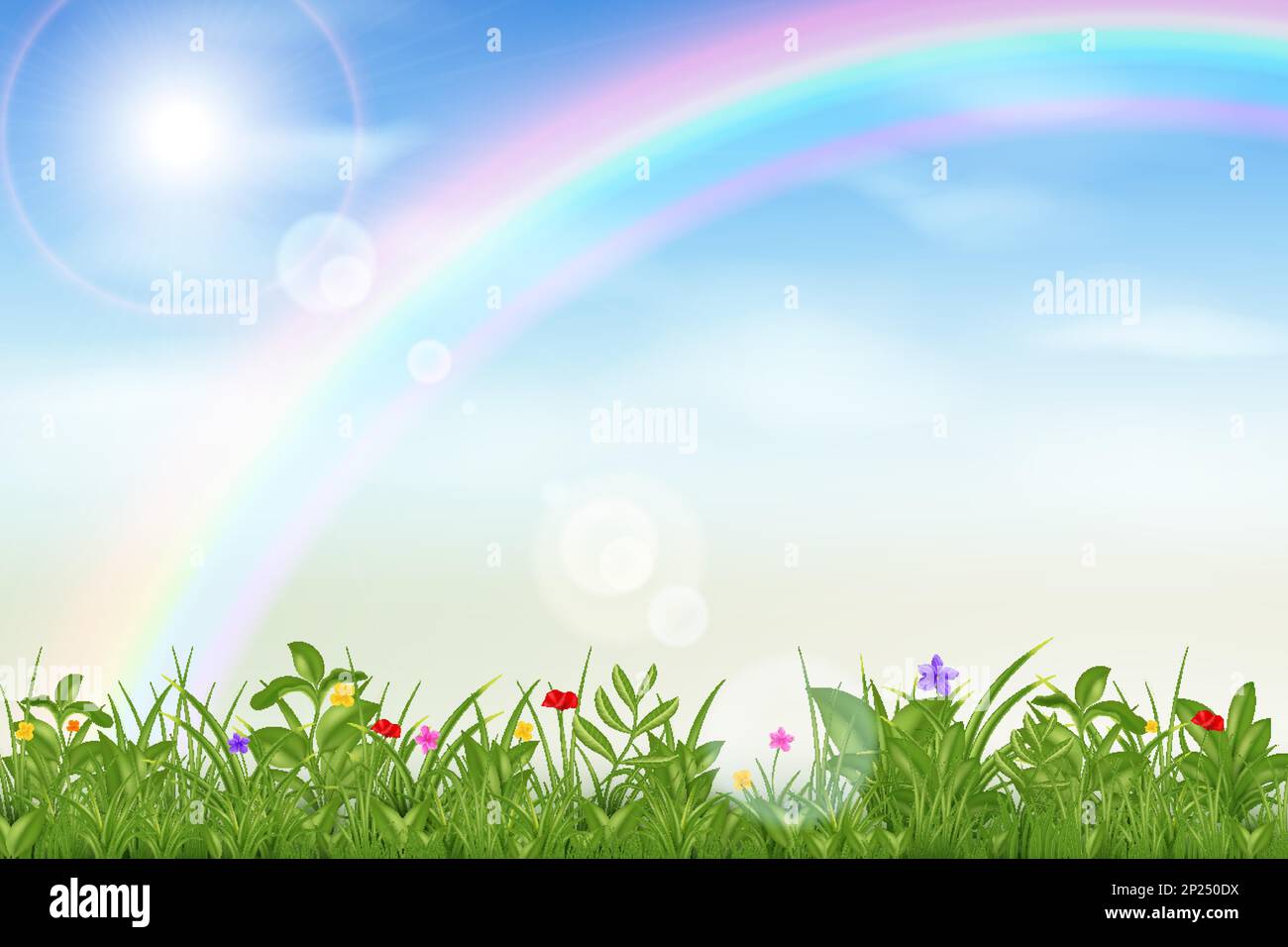 Nuvole di cielo realistiche, giardino d'erba. Prato verde primavera, aria blu con nuvole e arcobaleno, sole luminoso, ambiente esterno, parco rurale o campo. Prato paesaggio. Illustrazione vettoriale, sfondo estivo Illustrazione Vettoriale