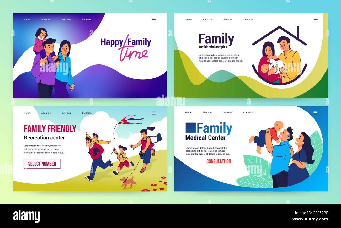 Famiglia felice. Pagina di destinazione Web. Design dell'interfaccia del sito Web assicurativo. Medicina e sanità. Casa per persone con bambini. In viaggio per genitori e bambini. Set di banner online. Concetto di modello vettoriale Illustrazione Vettoriale