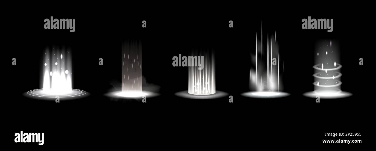 Linea tunnel ologramma, leggermente podio. Effetto di accensione tondo e luminoso, aura tecnologica bianca, tecnologia a fascio luminoso. Tunnel digitale di buca dell'energia Circle fantasy. Raggi realistici vettoriali, set di 3D elementi isolati Illustrazione Vettoriale
