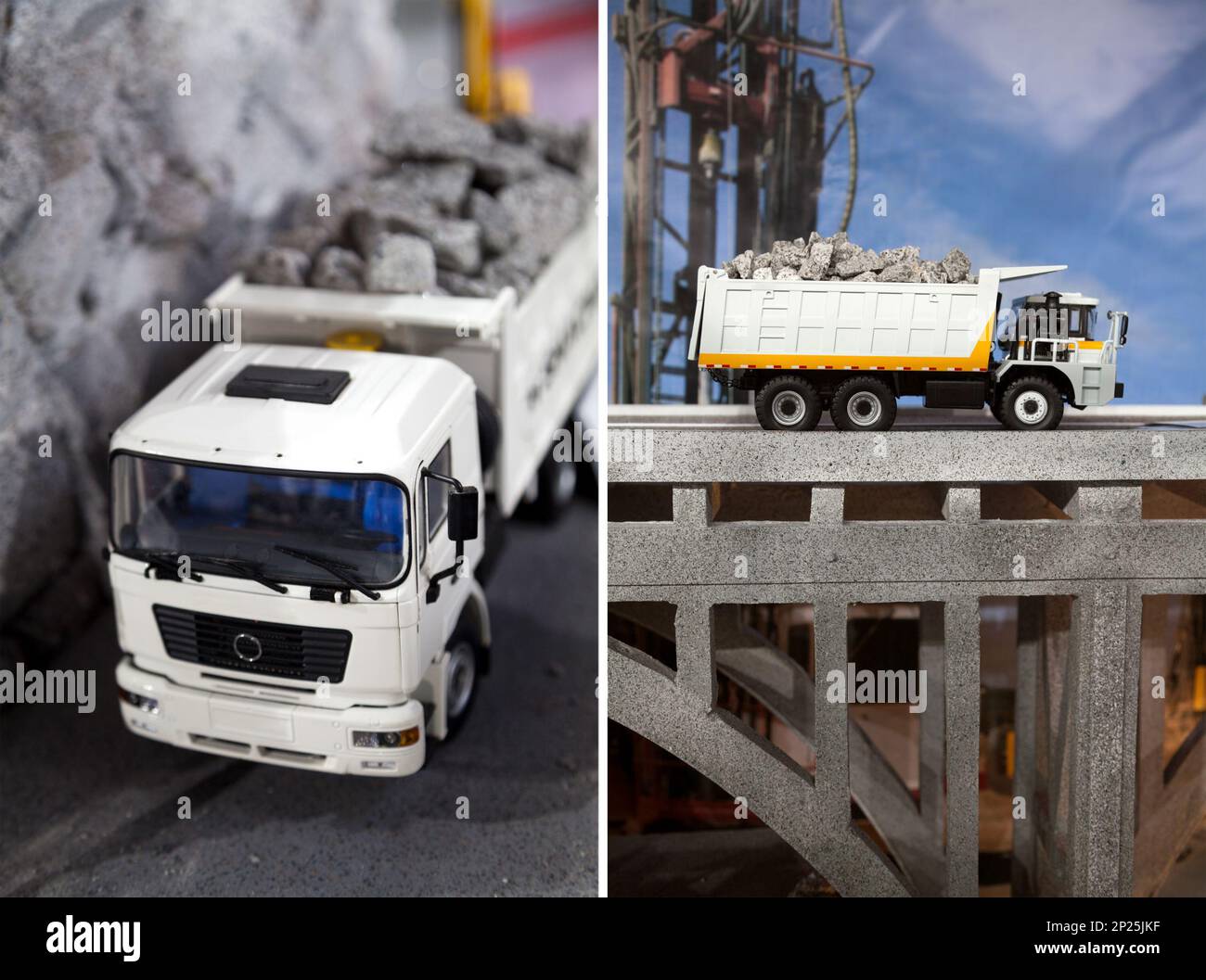 Piccolo autocarro con cassone ribaltabile modello su una strada il trasporto di ghiaia. Giocattolo di plastica camion su un ponte. Macchine industriali e dimostrazione Foto Stock