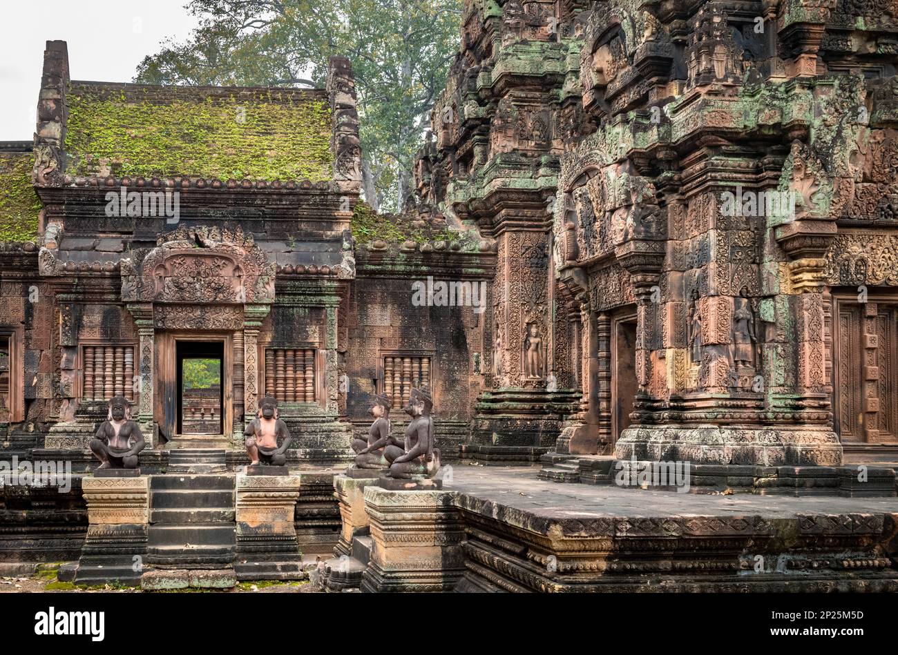 Il compund interno dell'elaborato tempio di Banteay Srey del 10th° secolo all'interno dell'area di Angkor vicino a Siem Reap in Cambogia. Foto Stock