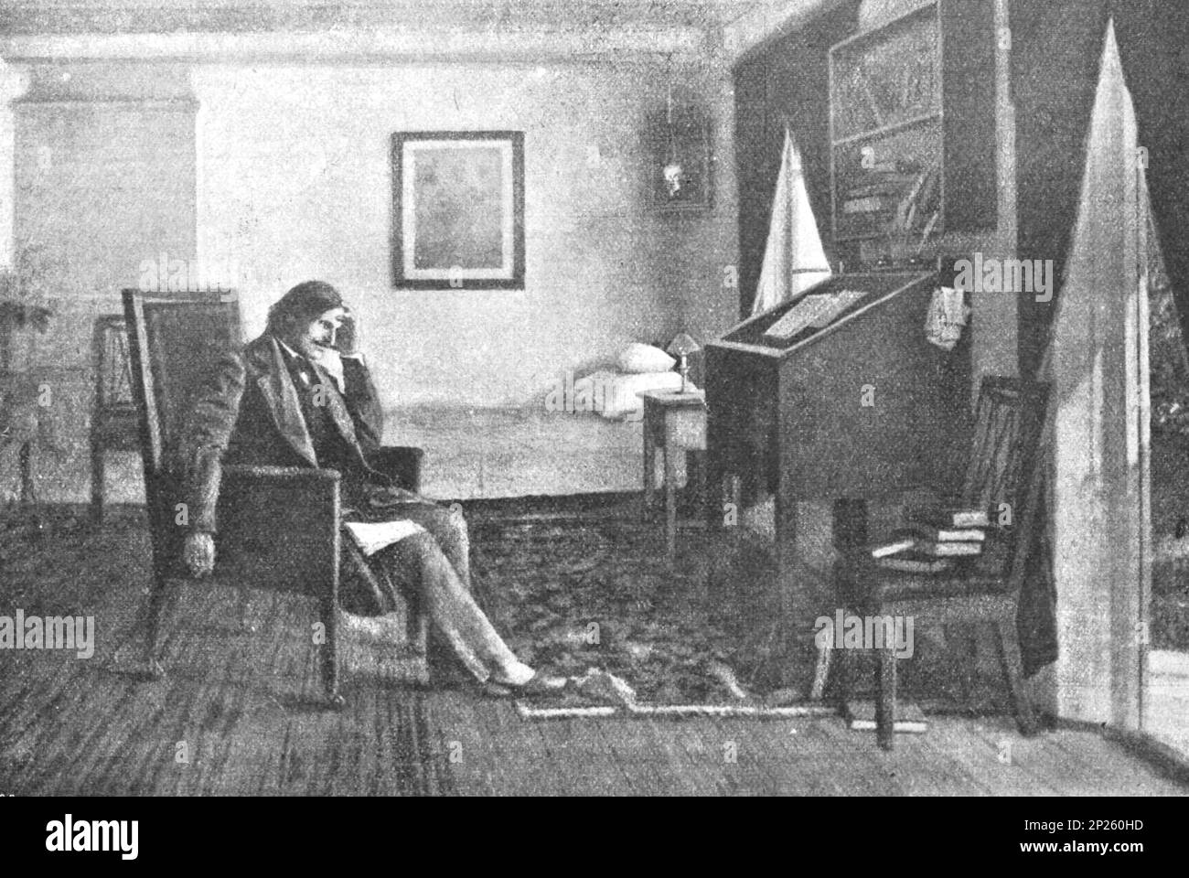 Gogol al lavoro nel suo ufficio. Copia da un dipinto dell'artista V. Volkov. Copia di 1902. Foto Stock