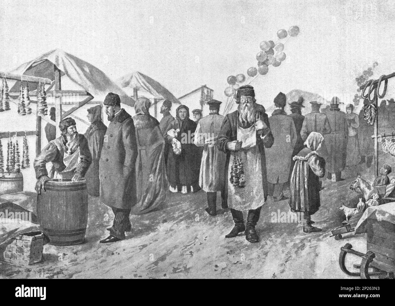 Mercato dei funghi a Mosca. Disegno di N. Nikiforov, 1902. Foto Stock