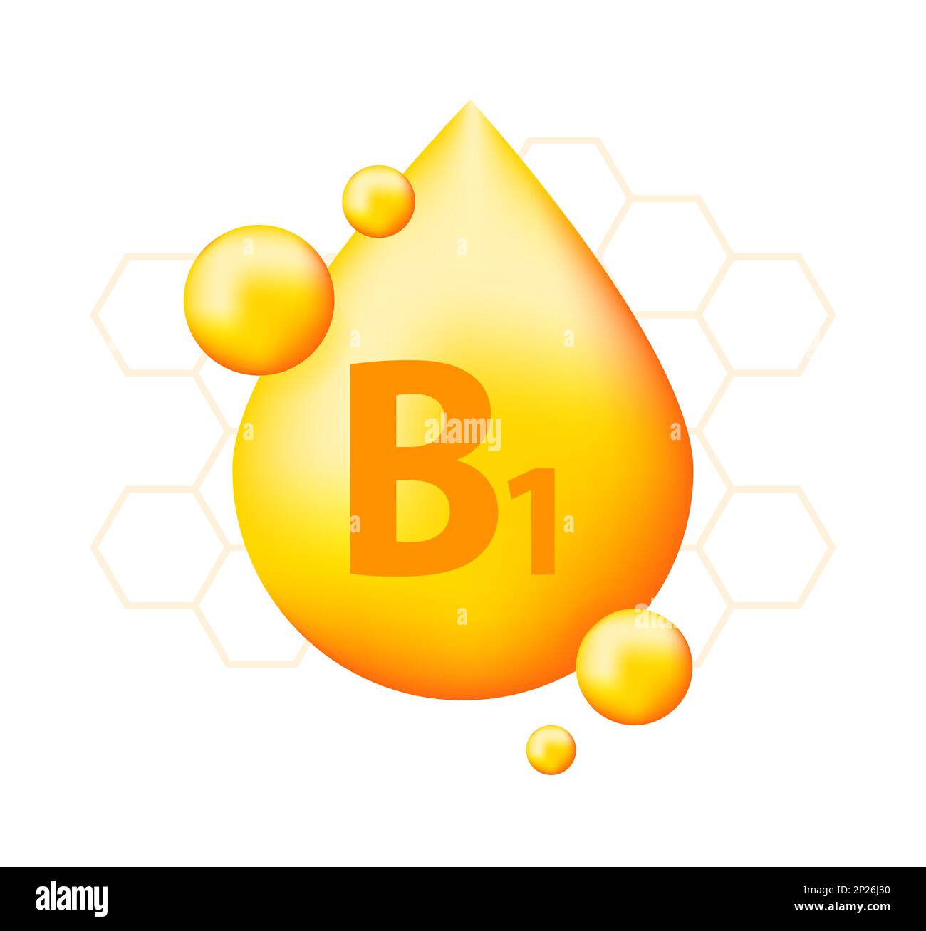 Vitamina B1 con goccia realistica. Particelle di vitamine nel mezzo. Illustrazione Vettoriale