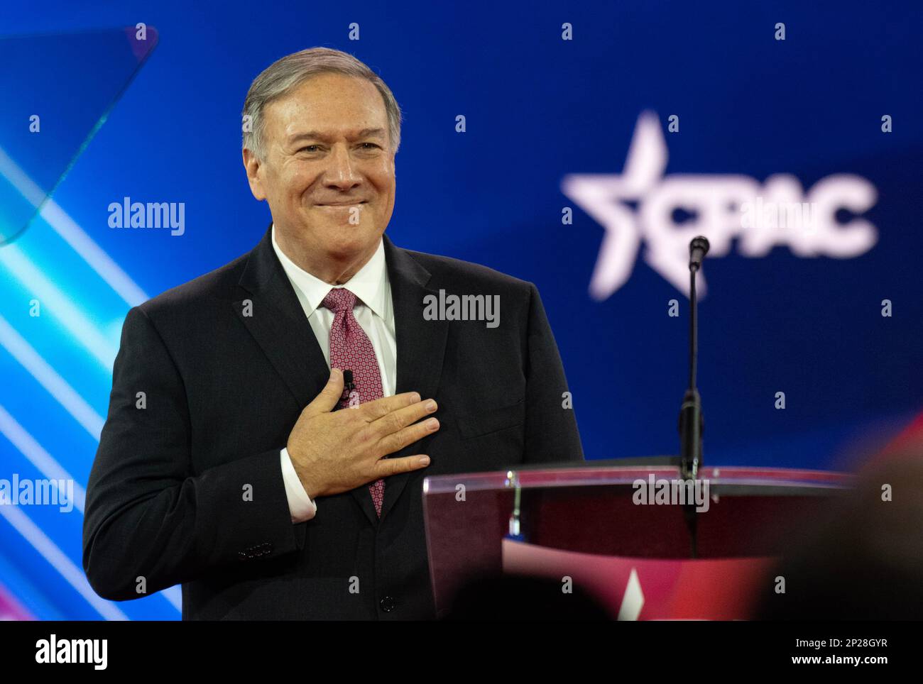 Washington DC, Stati Uniti. 03rd Mar, 2023. Mike Pompeo, 70th Segretario di Stato degli Stati Uniti e potenziale candidato per la nomina del Partito Repubblicano 2024 come Presidente degli Stati Uniti, fa le sue osservazioni alla Conferenza di azione politica conservativa 2023 (CPAC) a National Harbor, Maryland, Stati Uniti, venerdì 3 marzo, 2023. Credit: Ron Sachs /CNP /MediaPunch Credit: MediaPunch Inc/Alamy Live News Foto Stock