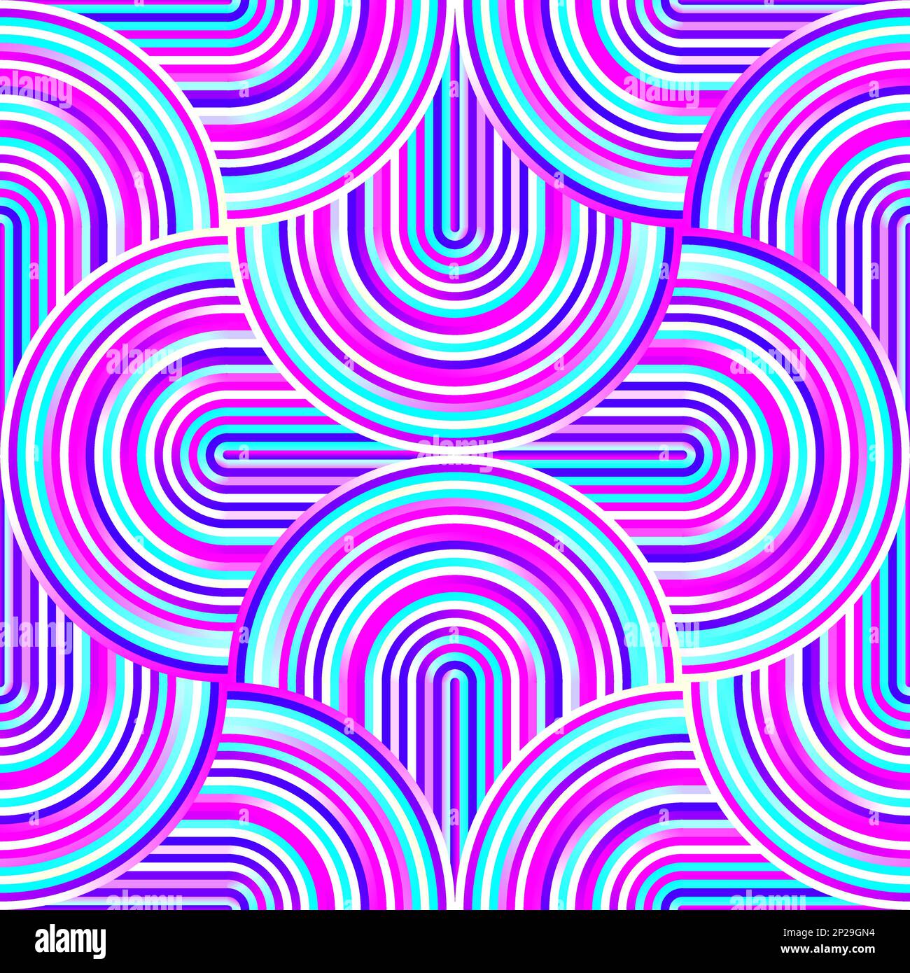 Crazy Curves - motivo geometrico aggrovigliato con brillanti colori rosa al neon, blu, bianco. Linee curvilinee multicolore. Astratto geo geometrico tecnologia backgrou Illustrazione Vettoriale