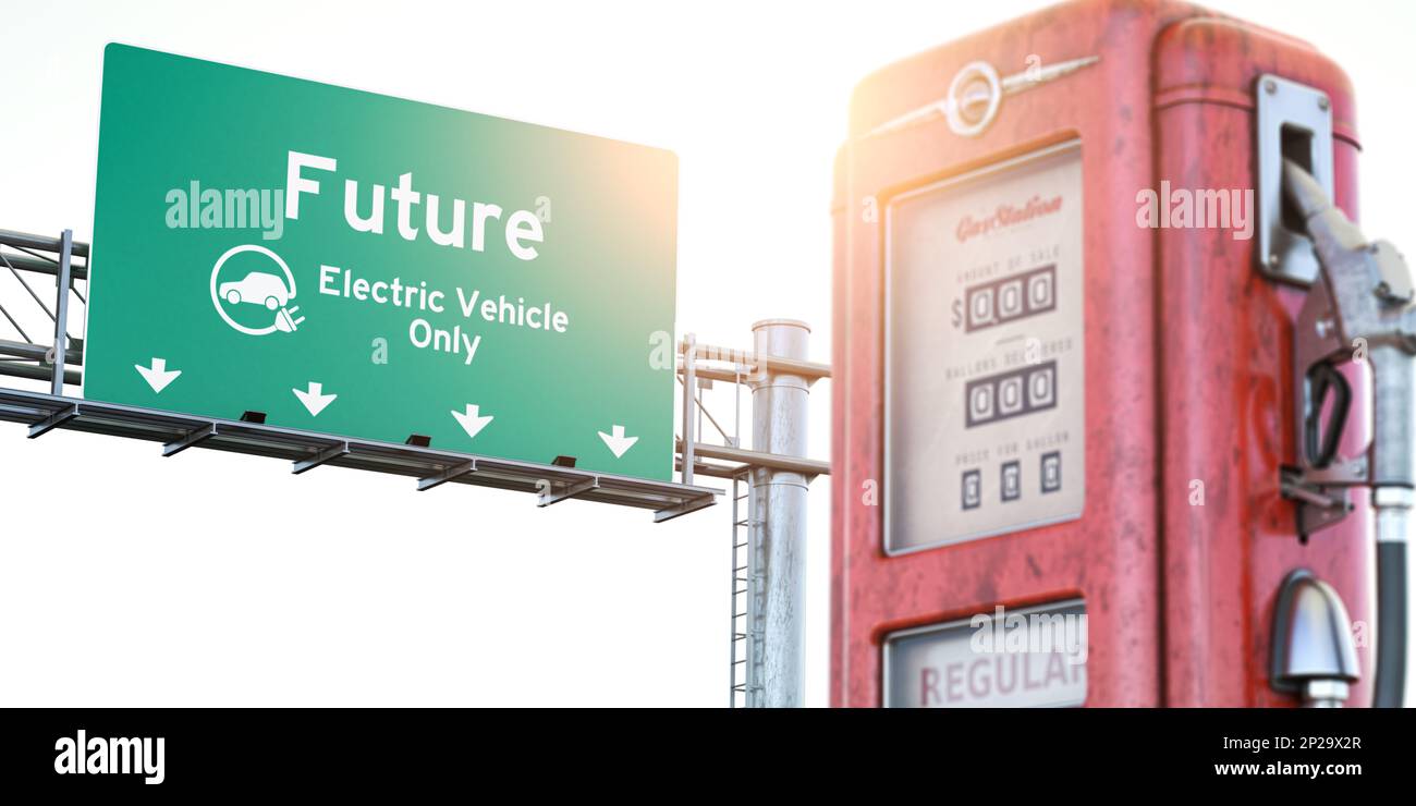 Future of Electric Vehicle EV e la fine dell'era dei motori a benzina e combustibili fossili Concept, segnaletica stradale con vecchio ugello per pompa a gas. 3d illustrazione Foto Stock