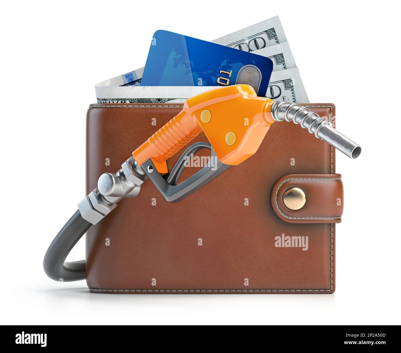 Portafoglio o borsetta con denaro, carta di credito e ugello pompa di gas. illustrazione 3d Foto Stock