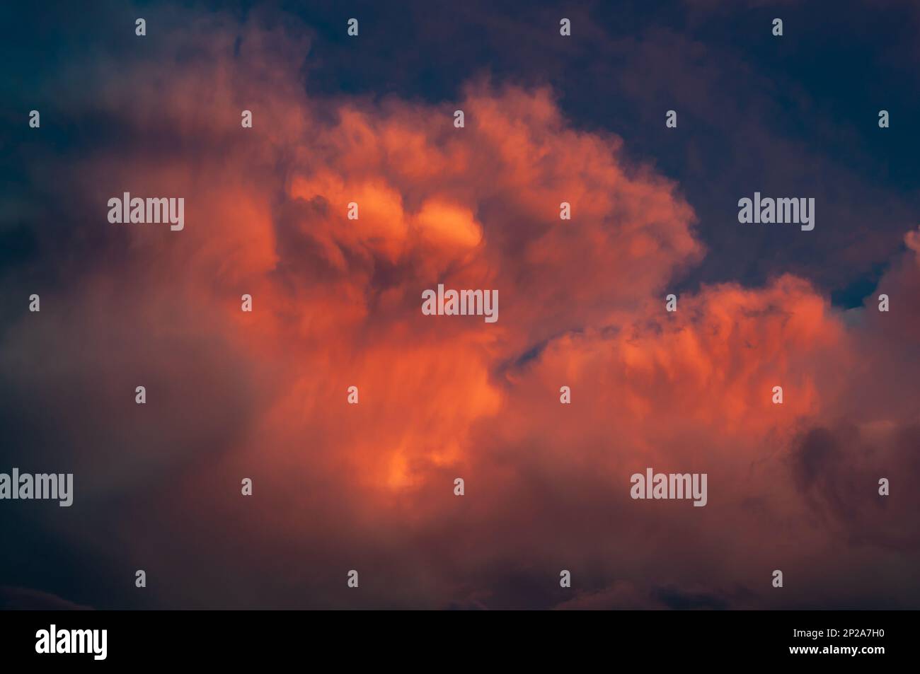 Il tramonto cremisi illumina le nuvole di pioggia in un colore sanguinoso. Cielo serale per l'intera cornice, maltempo Foto Stock
