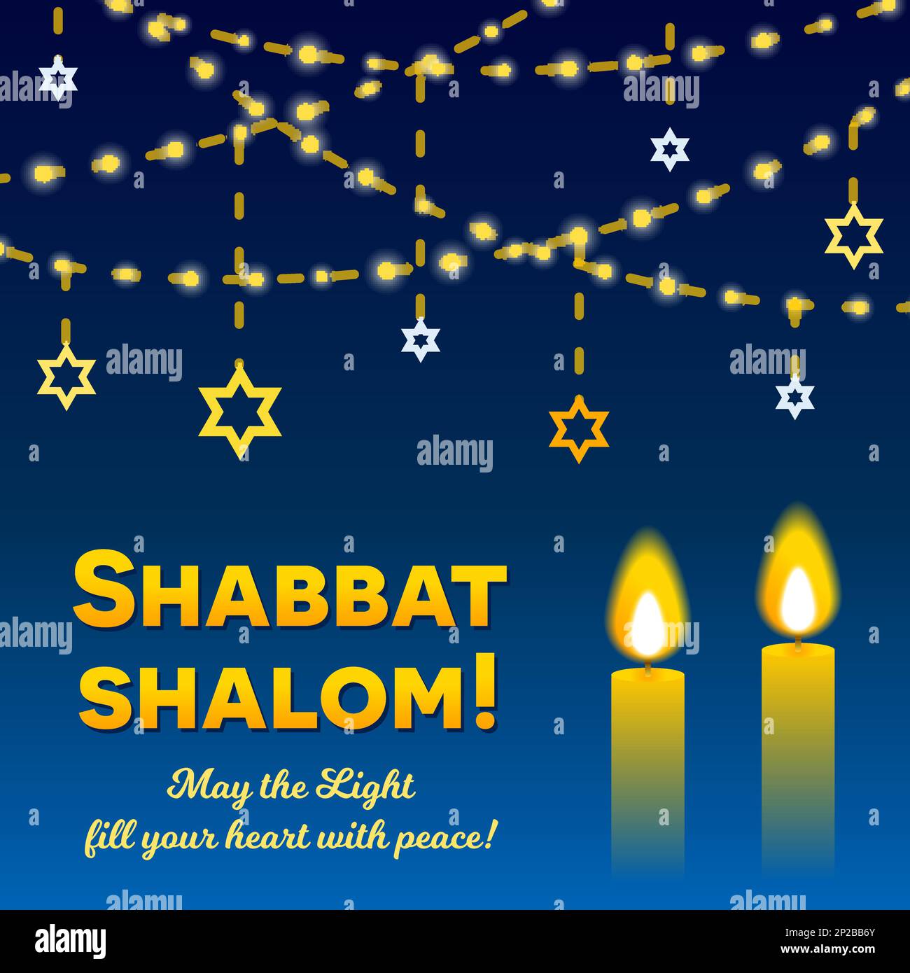 Scritta Shabbat shalom, biglietto d'auguri, illustrazione vettoriale. Due candele di shabbat brucianti e corde di luci su sfondo bokeh. Religioso ebraico Illustrazione Vettoriale