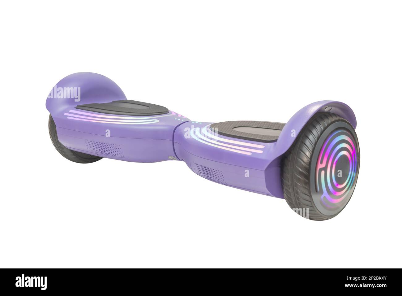 Hoverboard isolato colore strisce di luce viola su sfondo bianco nessuno Foto Stock
