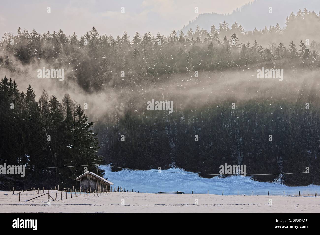 Paesaggio invernale di un cottage e di una foresta sulle montagne ghiacciate Foto Stock