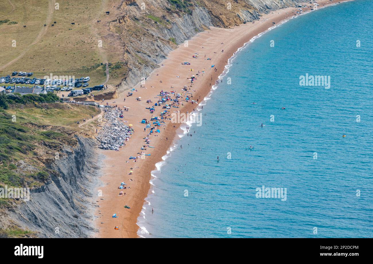 Vista della spiaggia di Seatown dall'alto a Golden Cap sulla costa di Jurassic, Dorset, Inghilterra, Regno Unito Foto Stock