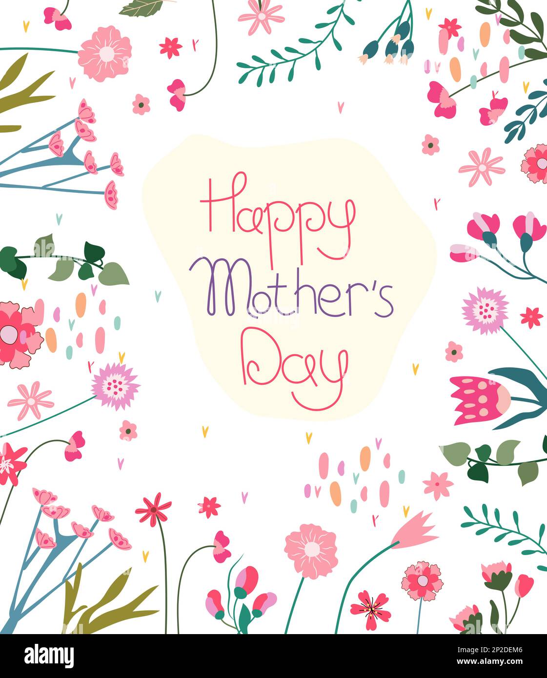 Biglietto d'auguri floreale con fiori selvatici e l'iscrizione Festa della mamma. La composizione luminosa è adatta per striscioni, poster e biglietti. Illustrazione vettoriale Illustrazione Vettoriale