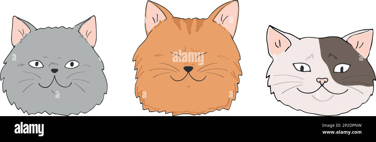 Tre diversi set di facce Cat. Razze di gatto differenti. Cute mano disegnata gatto teste isolate su bianco Illustrazione Vettoriale