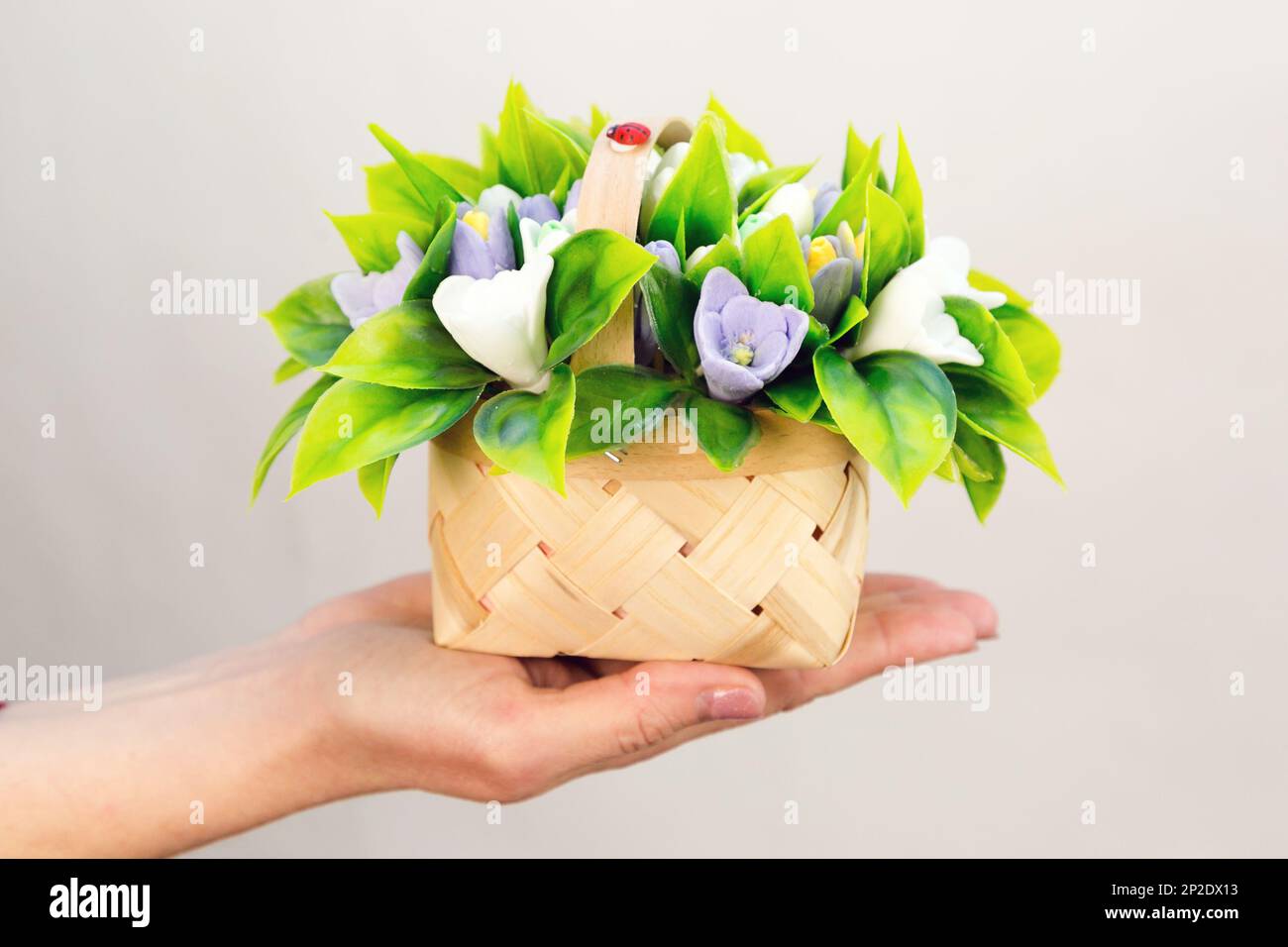 Un piccolo cesto di impiallacciatura con croccoli e narcisi in sapone fatto a mano su una mano di donna. Foto Stock