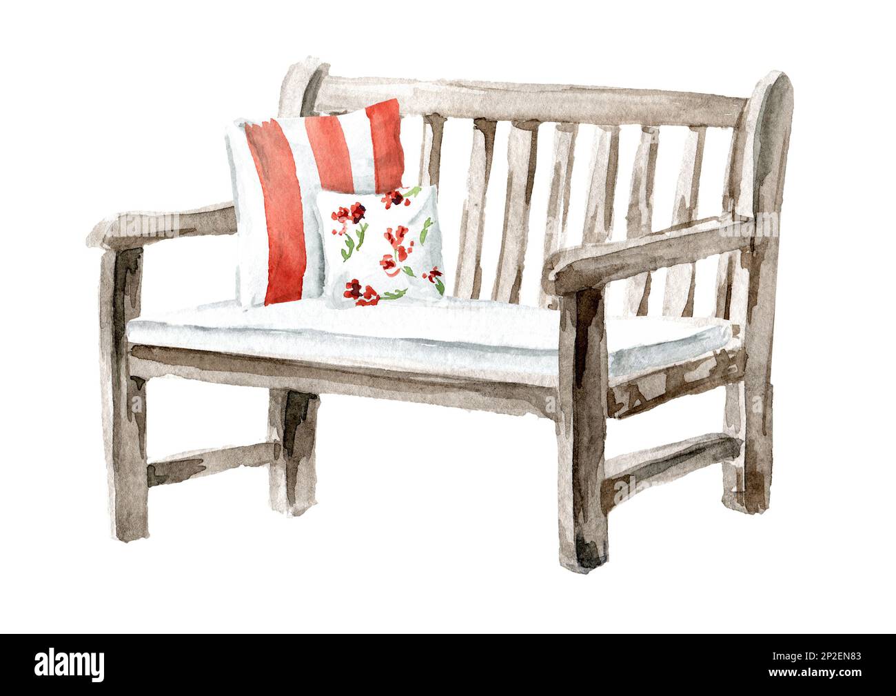 Panca da giardino con cuscini decorativi. Progettazione di paesaggi. Illustrazione a acquerello disegnata a mano, isolata su sfondo bianco Foto Stock