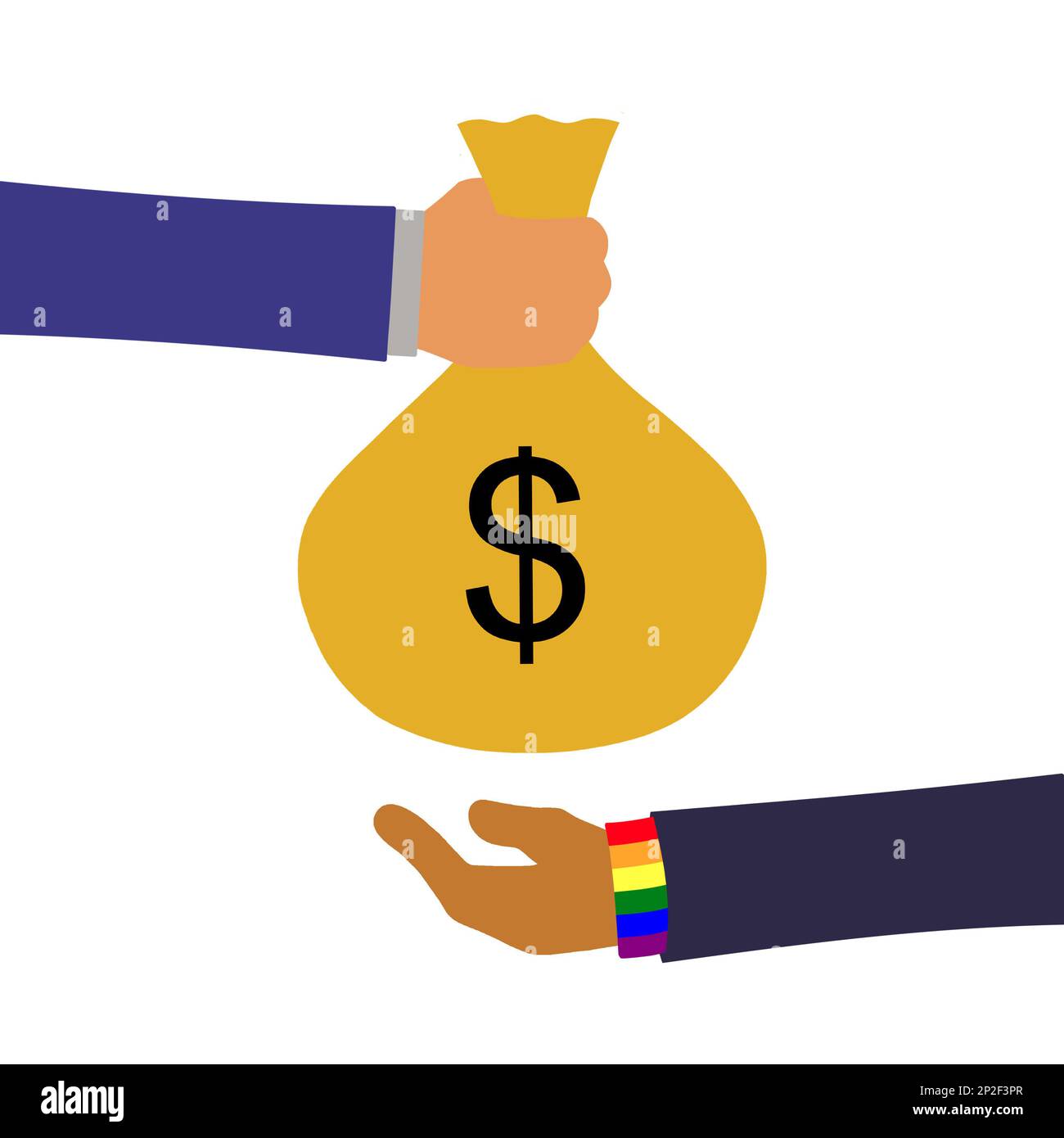 Gay lgbtq mano uomo d'affari che dà e riceve US dollaro borsa di soldi. Concetto bancario, finanziario, commerciale. Illustrazione del vettore grafico. Foto Stock