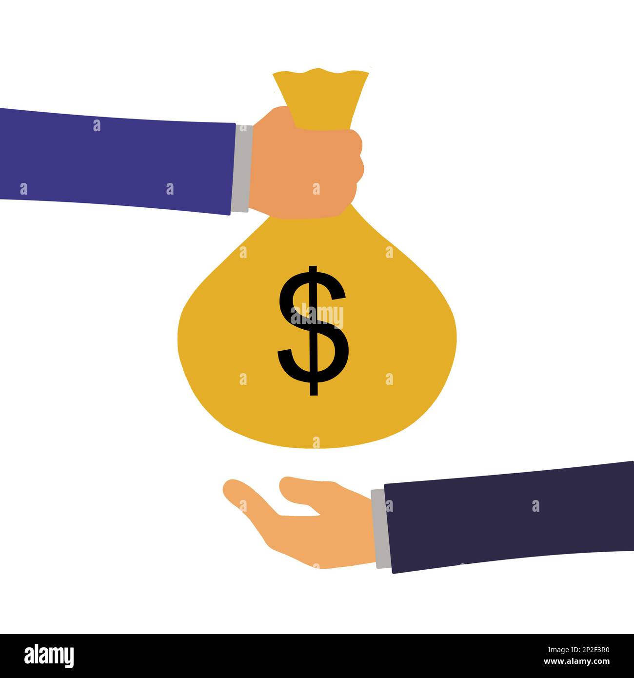 Mano d'affari che dà e che riceve il sacchetto dei soldi del dollaro degli Stati Uniti. Concetto bancario, finanziario, commerciale. Illustrazione del vettore grafico. Foto Stock