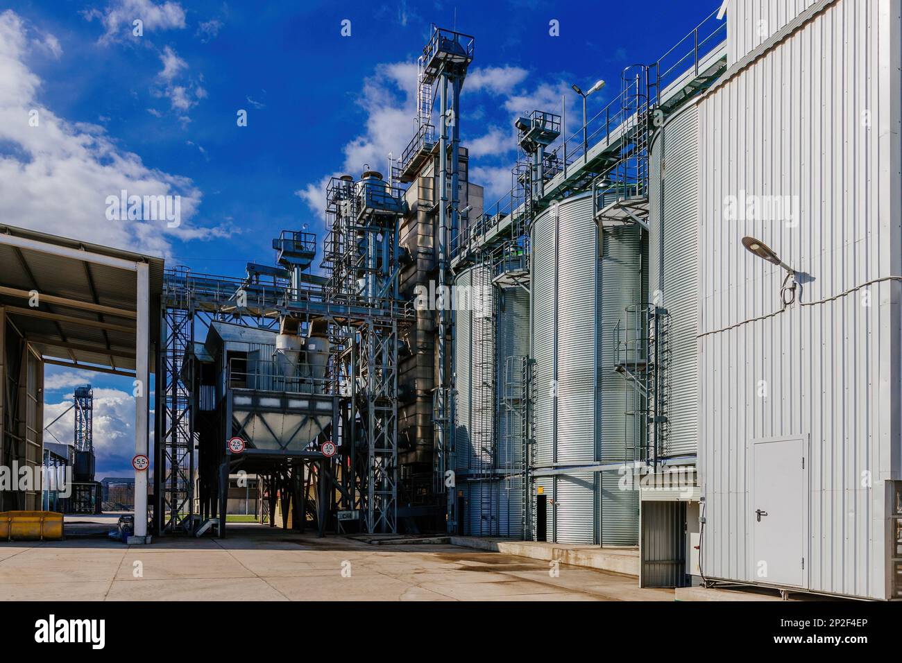 Essiccatore automatico della granella agricola e silos. Complesso moderno per asciugare, pulire e immagazzinare grano. Foto Stock