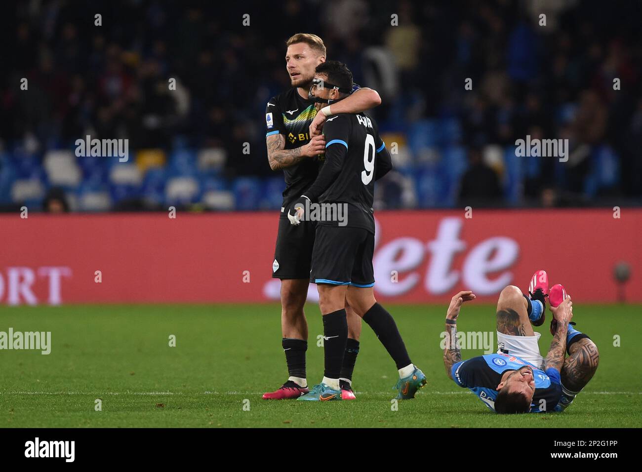 Napoli, Italia. 3 Mar, 2023. Ciro immobile e Pedro della SS Lazio festeggiano al termine della Serie Un incontro tra SSC Napoli e SS Lazio allo Stadio Diego Armando Maradona Napoli Italia il 03 marzo 2023. Credit: Franco Romano/Alamy Live News Foto Stock