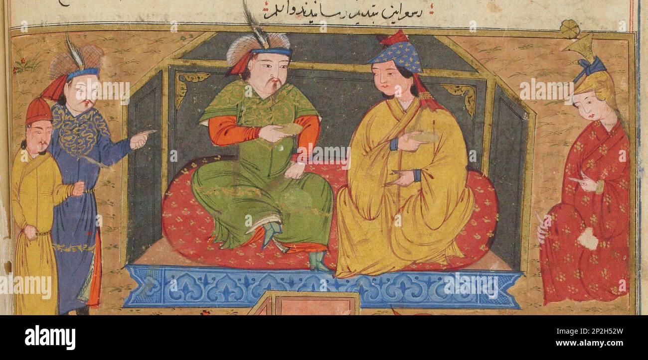 Hulagu Khan ad una festa. Miniatura di Jami' al-tawarikh (Storia universale), circa 1430. Trovato nella collezione della Biblioth&#xe8;que Nationale de France. Foto Stock