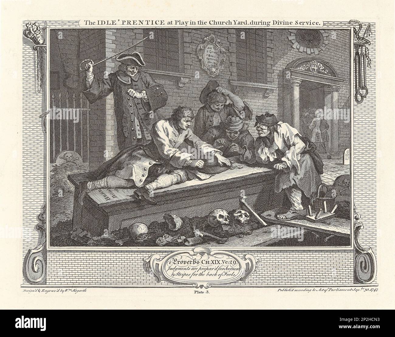Serie "Industry and Idleness", Plate 3: The Idle 'Prentice at Play in the Church Yard, durante il Divino Servizio, 1747. Collezione privata. Foto Stock