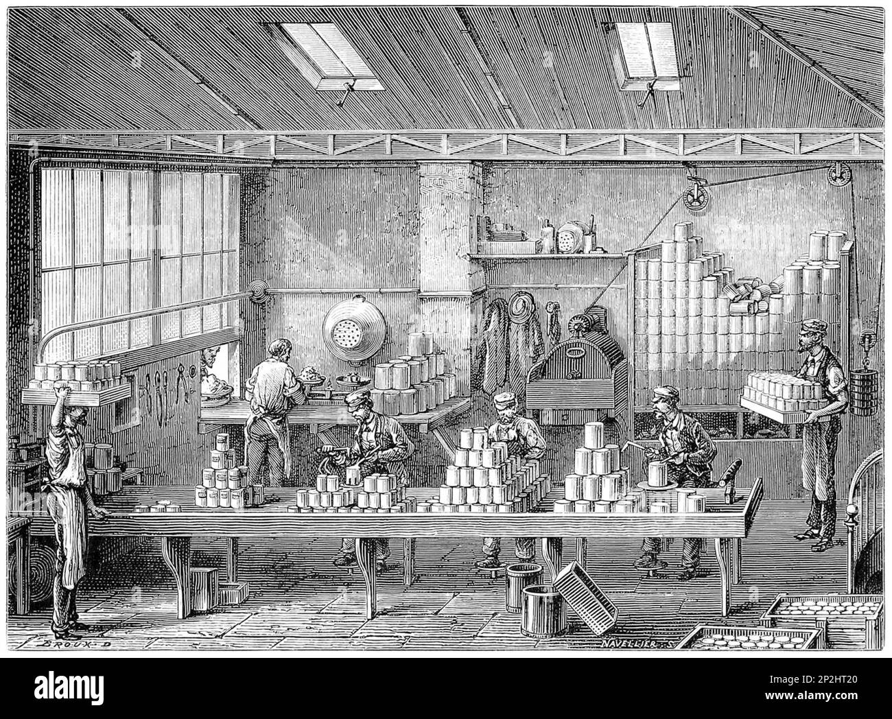 Incisione di uomini di saldatura lattine di conserve alimentari, fine 1800s Foto Stock