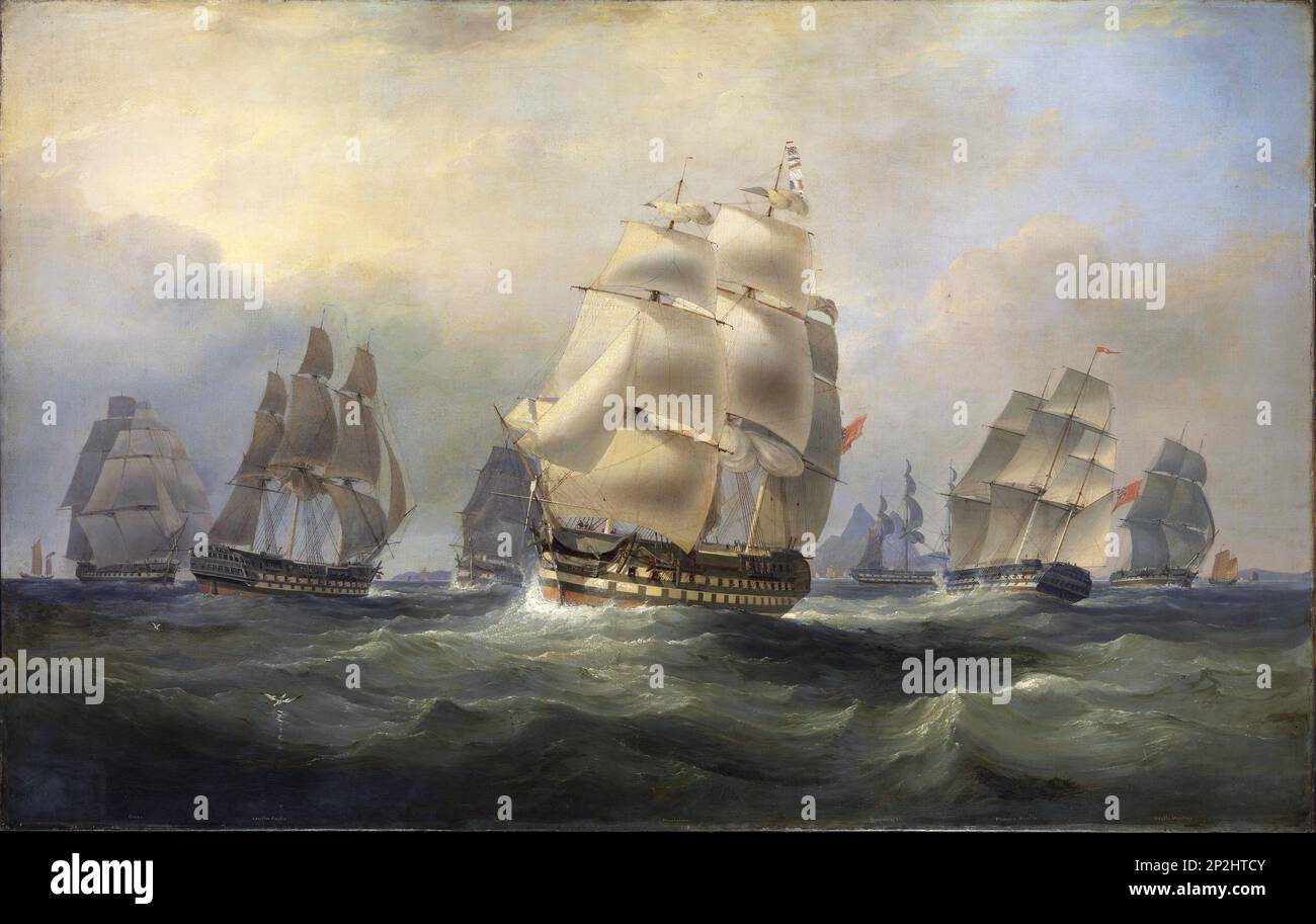 Si ritiene che questo grande dipinto raffigurerà il 'Winchelsea' e altre Indiamen in mare. Le navi sono chiamate alla base della tela come Lowther Castle (1811), Glatton (1795), Winchelsea (1803), Marchese di Ely (1801), Principessa Amelia (1808), Castello Huntley (1812), Ceres (1797), circa 1814. Foto Stock