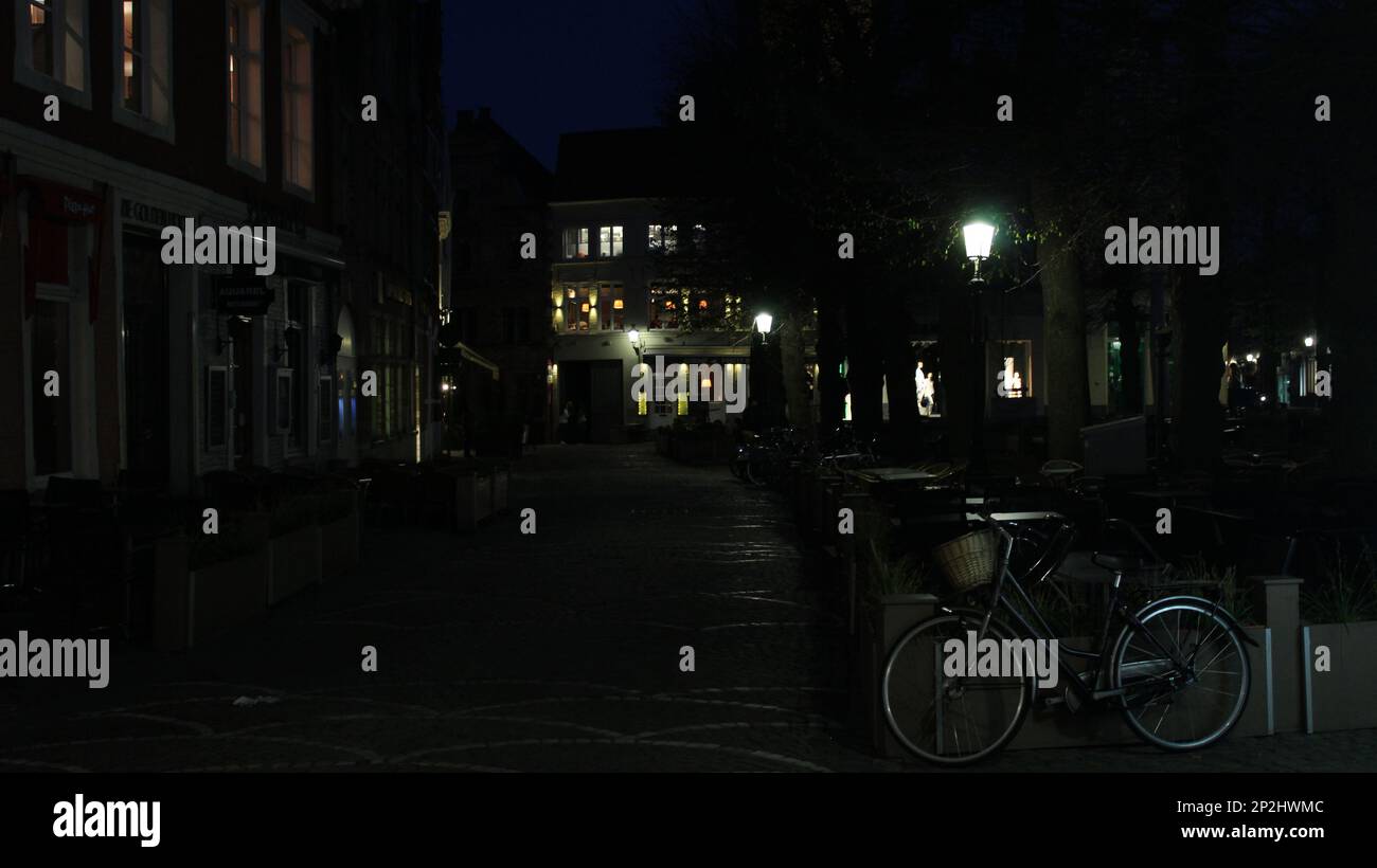 Vista notturna sulla strada. Bruges, Belgio Foto Stock
